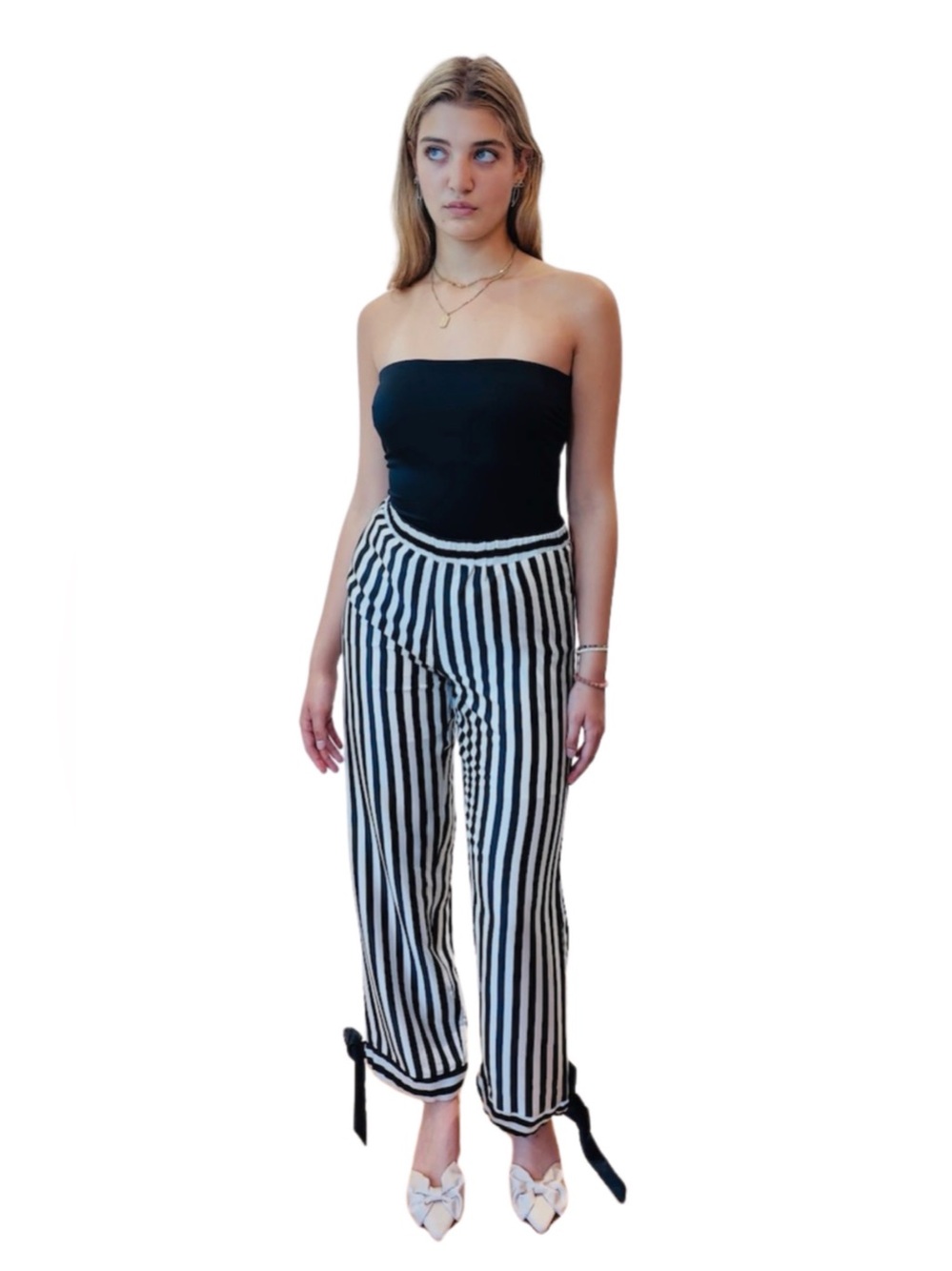 Mirame NYC EVAN PANT Black & White Silk Straight Leg Tie Ankle Size Small